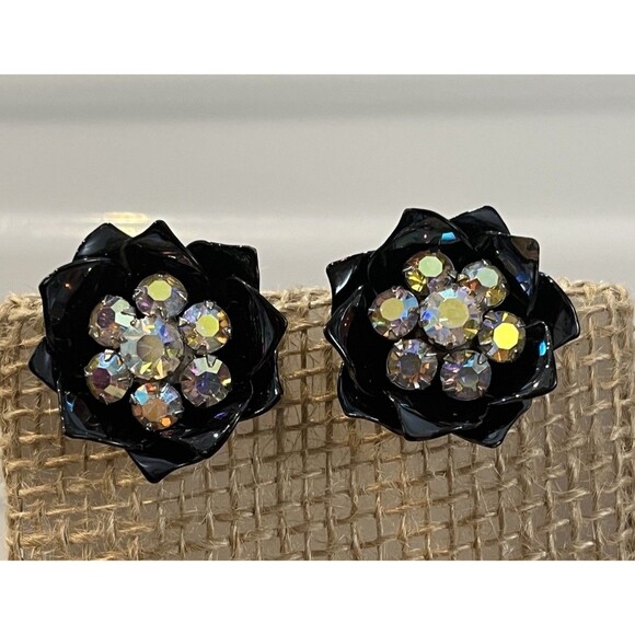 VTG Rhinestone Clip On Floral Earrings Black Enamel Aurora Borealis Whimsigoth - Picture 2 of 11